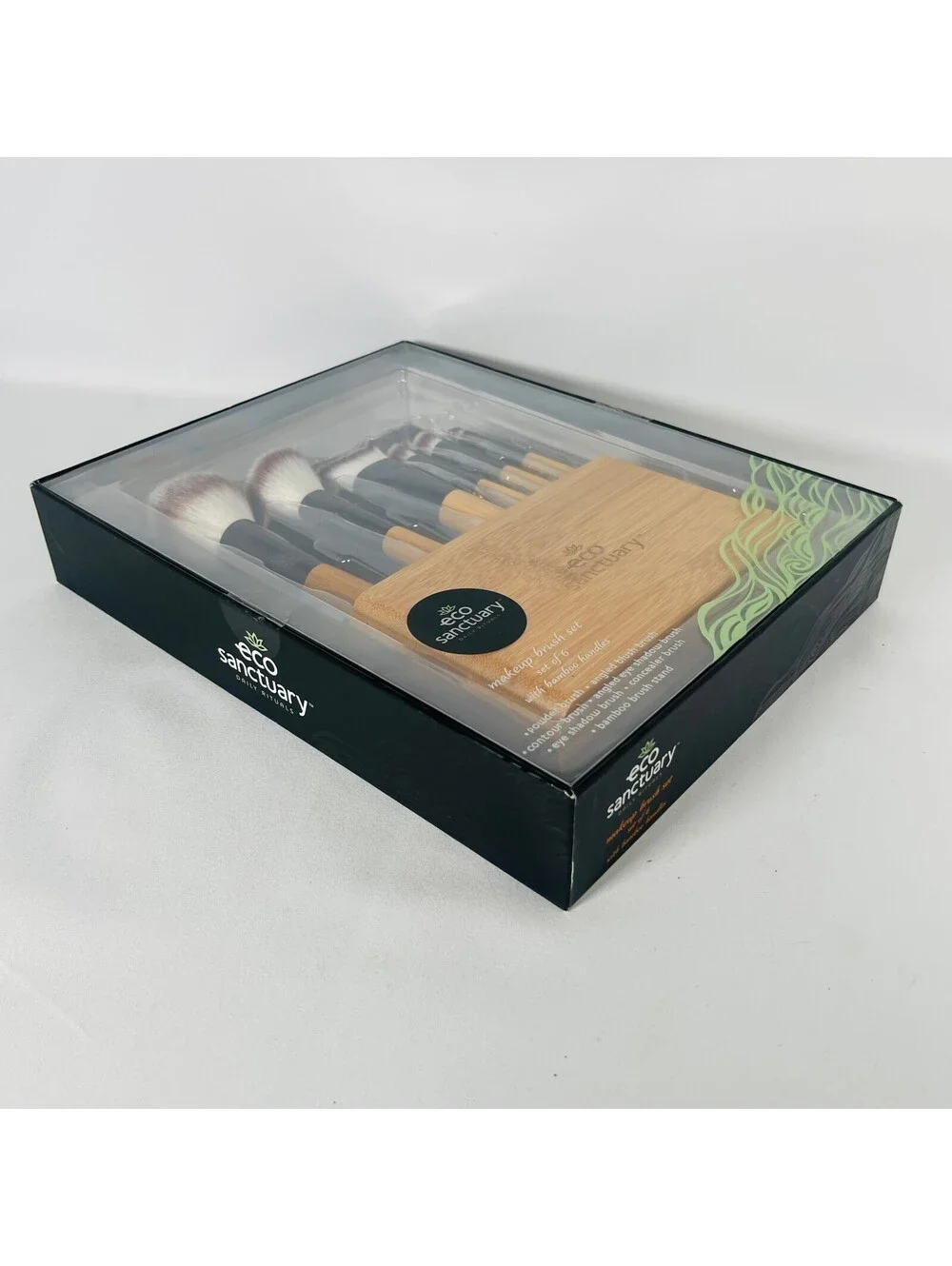 Eco Sanctuary 6 Pc Makeup Brush Set with Bamboo Handles & Wooden Stand New Box
